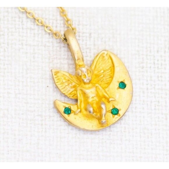 Vintage Crescent Moon Little Angel Necklace 18 Inch - AB1 - Picture 1 of 3